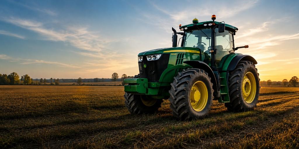 Tractor John Deere en campo al atardecer